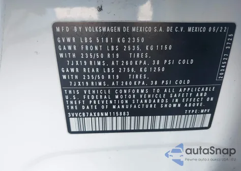 2022 Volkswagen Tiguan 2.0T Se R-Line Black z USA, uszkodzony, nr VIN 3VVCB7AX8NM115883